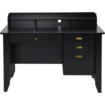 Matte Black Desk With Drawers And Hutch For Home Office