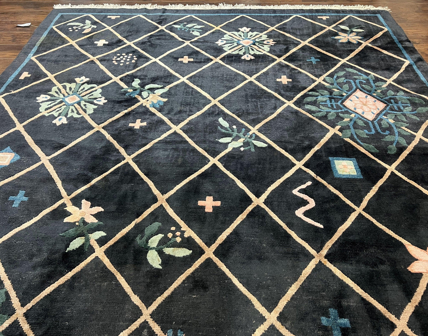 Tibetan Rug 9x12, Hand Knotted Tibet Nepali Contemporary Carpet 9 x 12 ft, Black and Tan, Handmade Area Rug Room Sized, Nepalese Rug