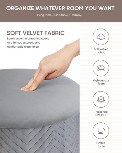Grey Velvet Circular Storage Ottoman Golden Accents