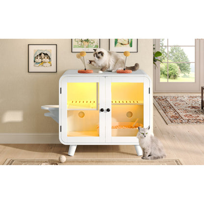 Hidden Cat Litter Box Cabinet – RGB LED, Glass Doors, Litter Walkway & Pom-Pom Toys, White