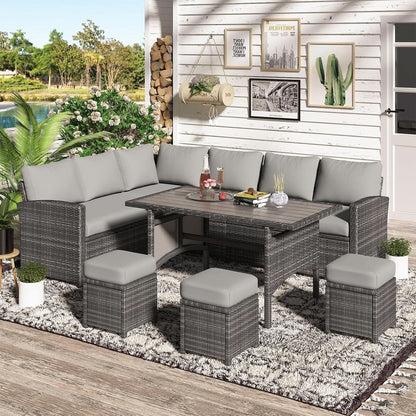 7 Piece Outdoor Patio Sectional Set All Weather Wicker Grey Cushions