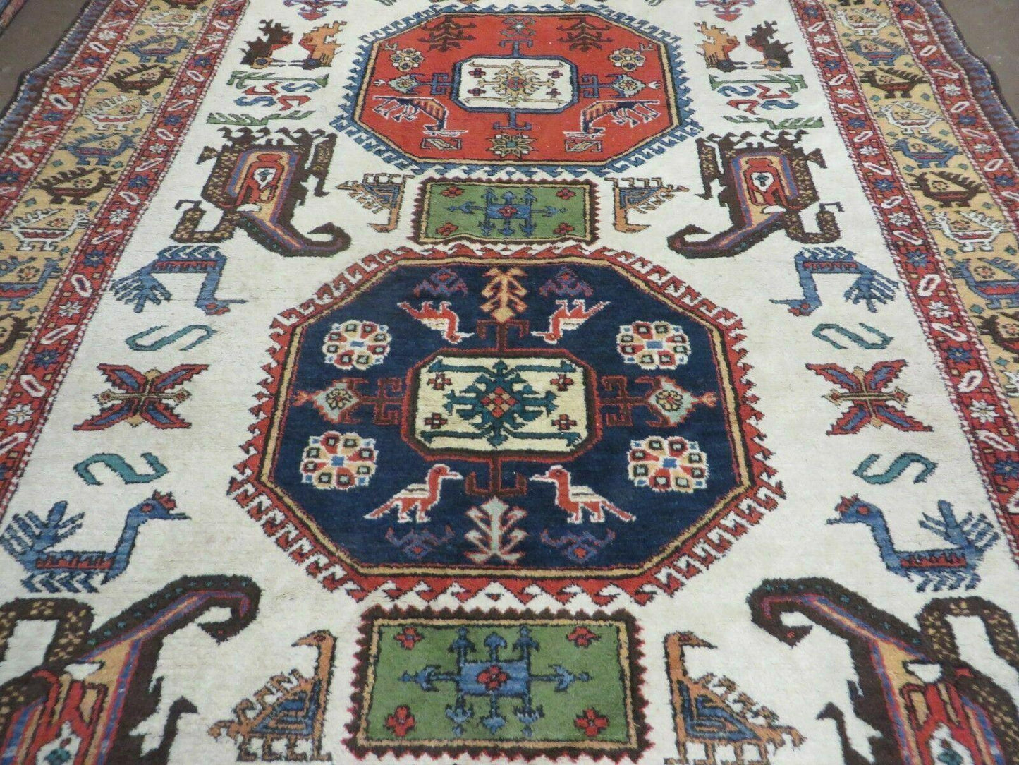 7' X 10' Vintage Handmade Knotted Turkish Wool Rug Birds Animal Ivory Organic