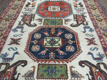 7' X 10' Vintage Handmade Knotted Turkish Wool Rug Birds Animal Ivory Organic