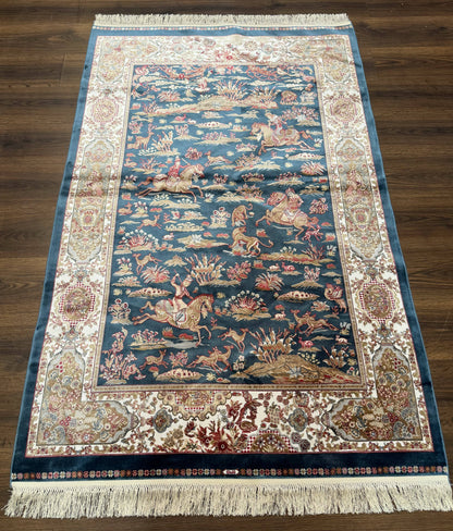 Turkish Silk Hunting Design Rug 4x6, Dark Steel Blue & Ivory, Bamboo Silk, New