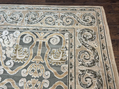 Spanish Rug 11x14, Wool Hand Knotted Vintage Carpet, Olive Green and Beige, Floral Allover, European Design, 11 x 14 Rug