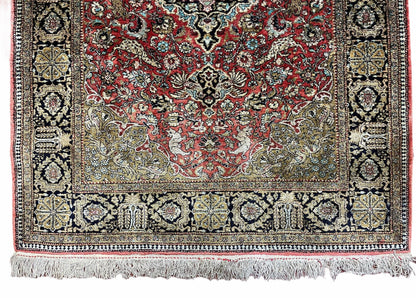 Persian Qum Silk Rug 3.8 x 5.6, Silk on Silk, Animal Pictorials, Fine 330 KPSI