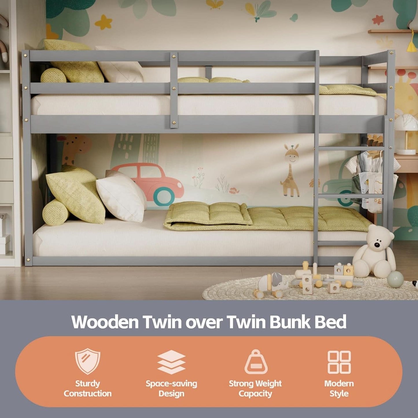 Grey Low Bunk Bed Twin Over Twin With Ladder For Kids Room