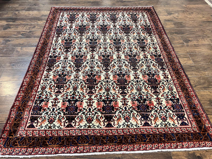 Persian Afshar Rug 6x8, Wool Hand Knotted Semi Antique Vintage Carpet, Floral Allover, Repeated Birds Flowers Vases Motifs
