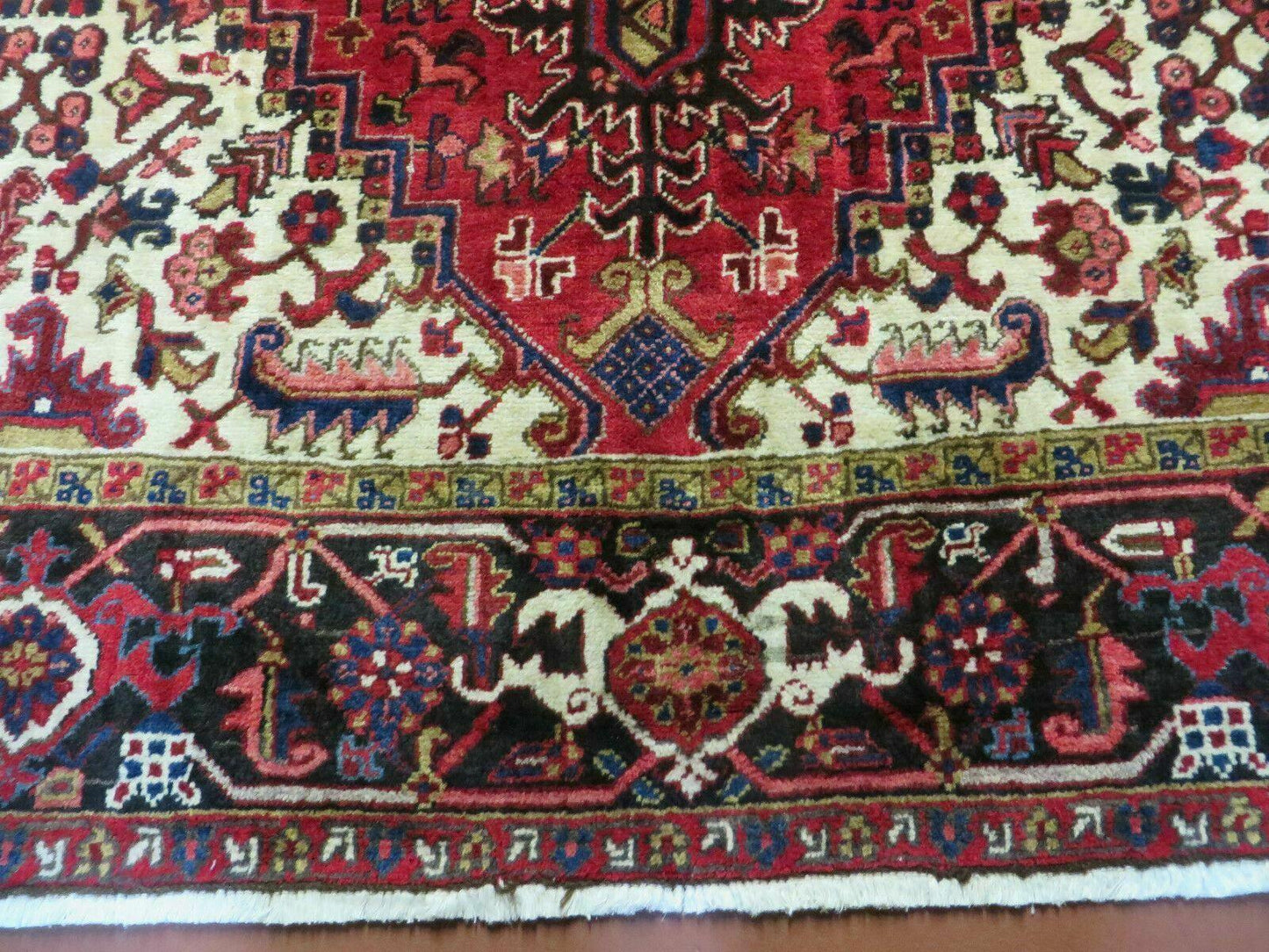 Wonderful Persian Heriz Rug 8.6 x 11, Geometric Heriz Carpet, Semi Antique Decorative Area Rug, Red Ivory Dark Blue Handmade Wool Room Sized