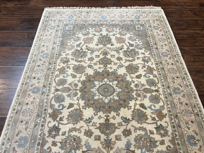 Indo Persian Rug 4x6, Floral Medallion, Beige, Handmade Wool Vintage Carpet 4 x 6 ft