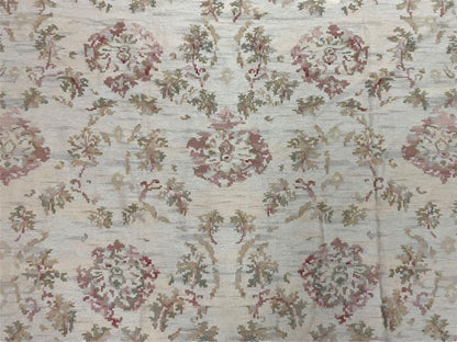 9x12 Flatweave Aubusson Needlepoint Rug, New, Beige, Tan, Green, Handmade, Hand-Knotted Area Rug, French European Carpet, Flowers