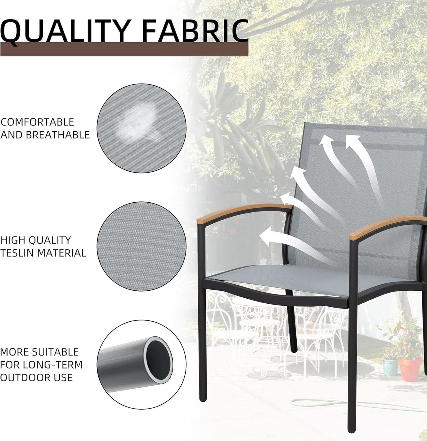 Three Piece Patio Bistro Set With Textilene Fabric Chairs And Table Grey Outdoor Furniture Set
