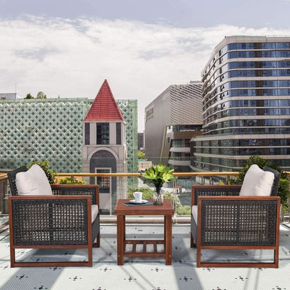 3 Piece Patio Wicker Furniture Set With Beige Washable Cushions And Acacia Wood Coffee Table