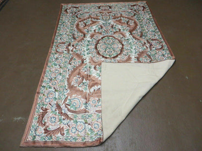 4' X 6' Vintage Embroidery Hand Stitched Rug Silk On Cotton India Backing Nice