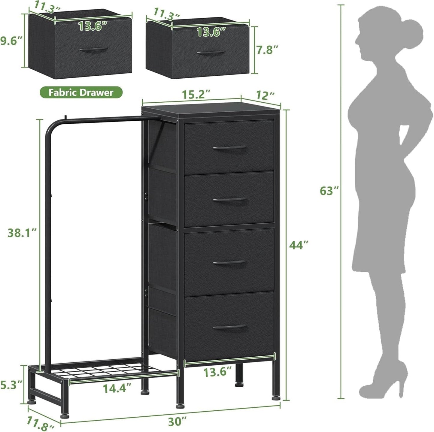 Dresser With Hanging Rack And 4 Drawers Black 44 Inch Tall