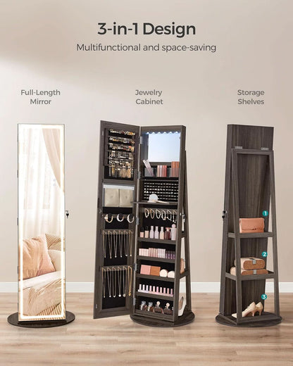 Ash Brown Lockable LED Full Length Mirror Jewelry Cabinet