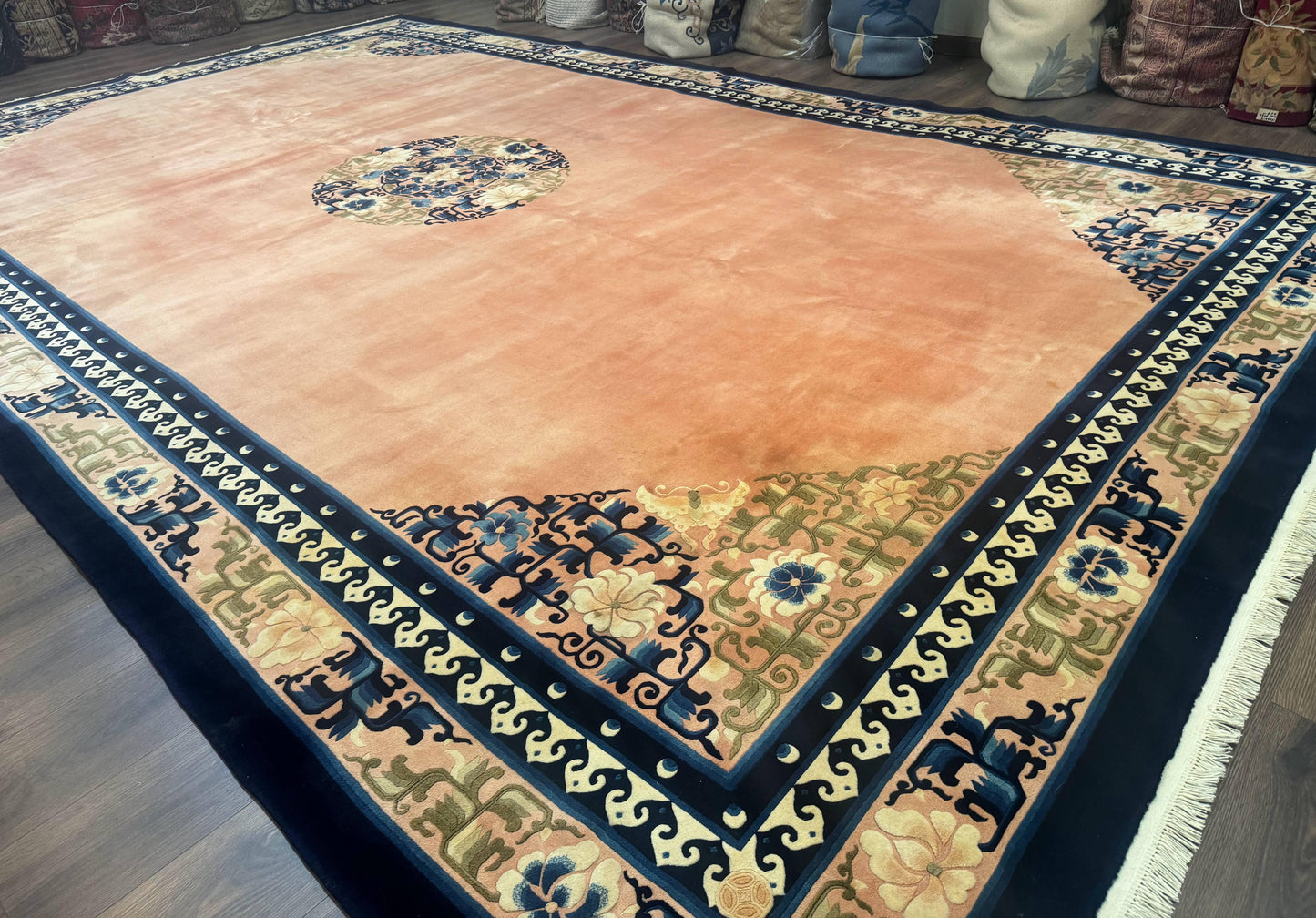 Chinese Wool Rug 11x18, Palace Sized Chinese Carpet, Peking Rug, Peach and Blue, Open Field, Simple Design, Art Deco Rug, Large Handmade Rug