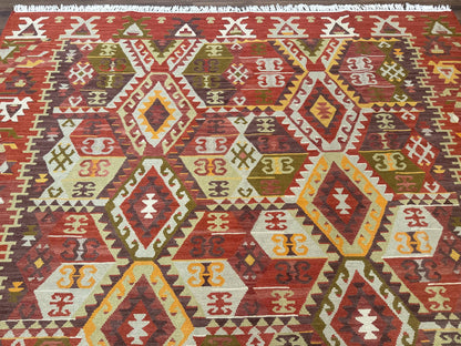 Turkish Kilim Rug 8x10, Geometric Design, Large Kilim Carpet