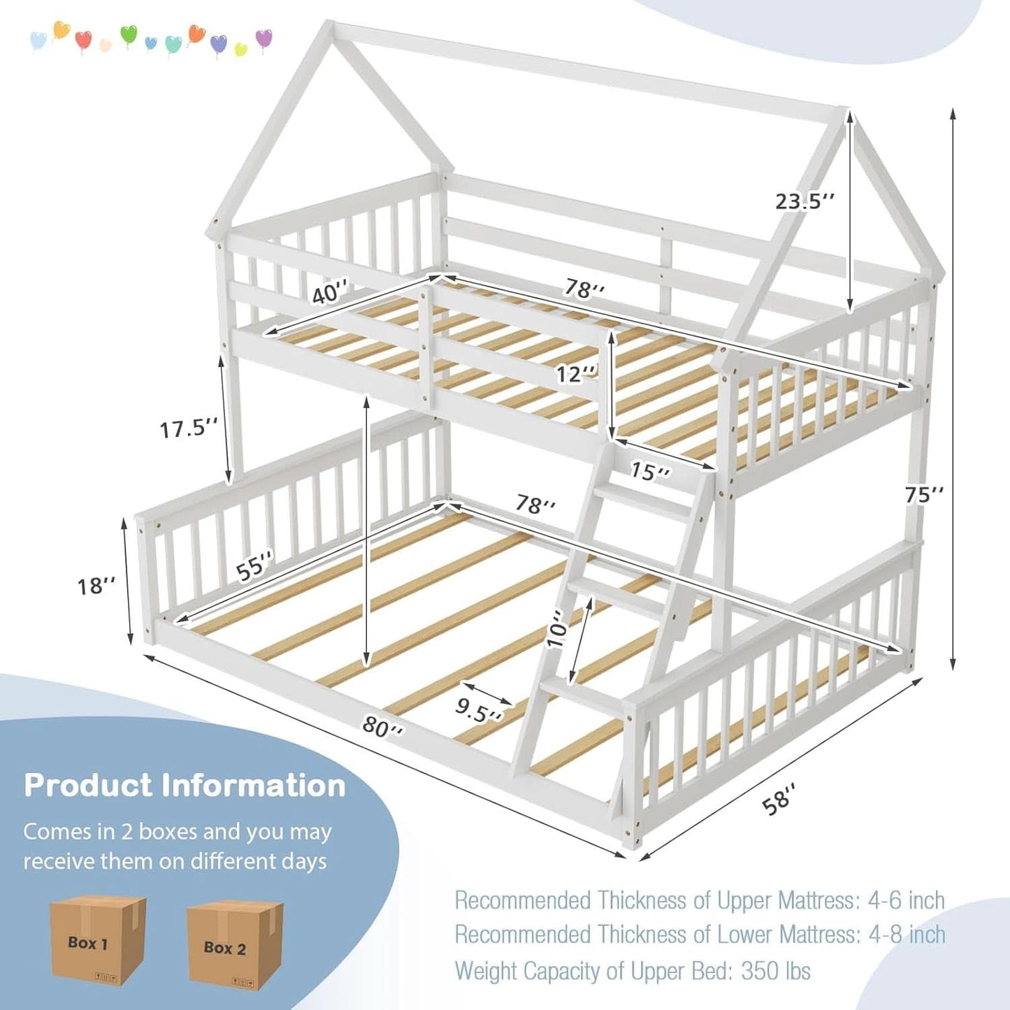 Solid Wood Twin Over Full Bunk Bed White With Guardrails