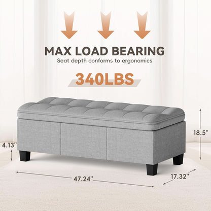 Forty Seven Inch Storage Ottoman Bench Linen Gray Fabric