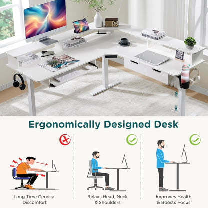 60 Inch L Shaped Electric Standing Desk Antique White