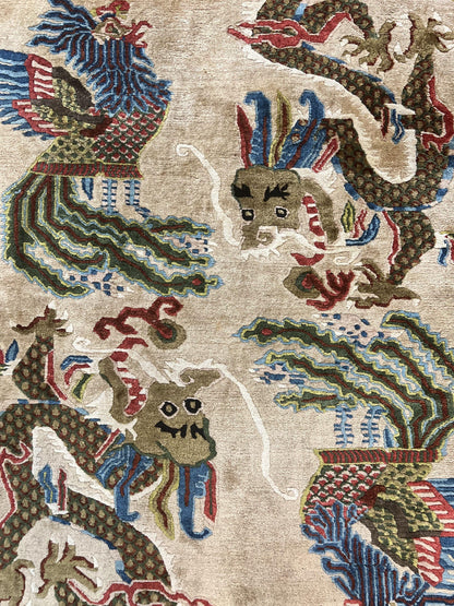 Antique Chinese Peking Rug 3 x 5.6, Dragon Motifs, Handmade Wool Asian Oriental Carpet