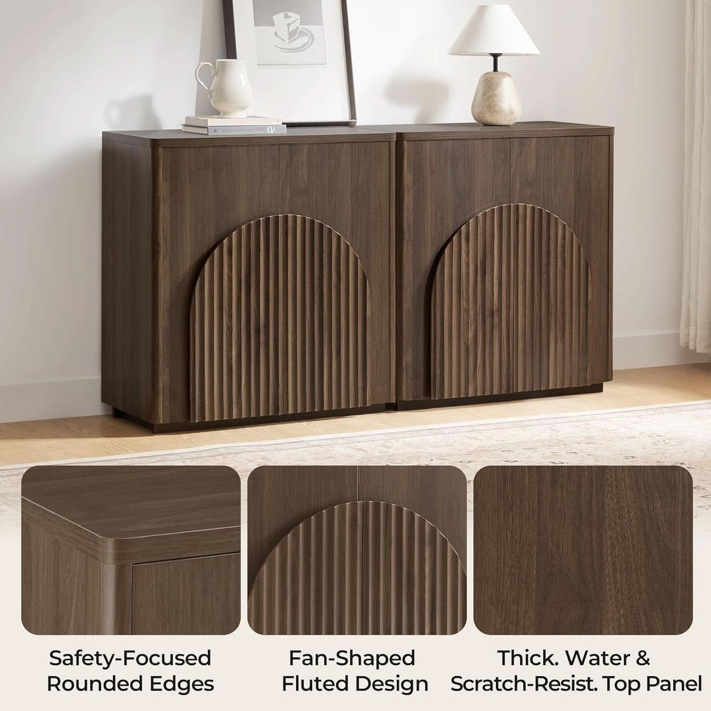 Walnut Sideboard Buffet Cabinet With Generous Storage And Wave Pattern Doors