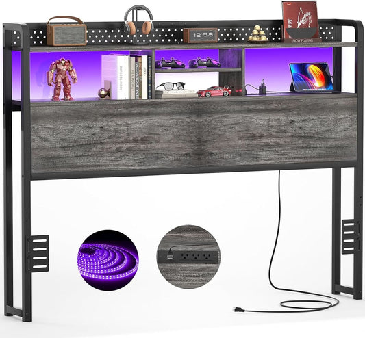 Queen Size Headboard With Storage Shelf And USB Ports