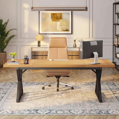70.8 Inch Executive Desk Light Walnut Black Large Computer Office Desk