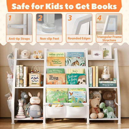 3 Tier Kids Bookshelf Toy Organizer In White Wood And Metal