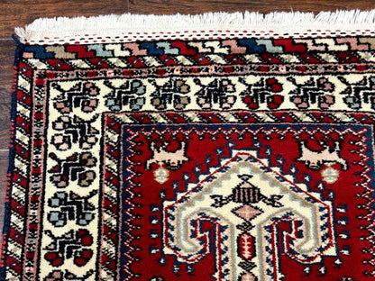 Indo Persian Runner Rug 2.6 x 12, Heriz Geometric Caucasian Design, Animal Pictorials, Tribal Runner Rug, Vintage Handmade Wool Red