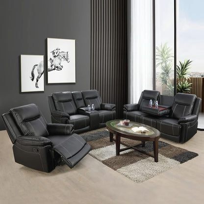 Manual Recliner Sofa Set Black Bonded Leather Cup Holders