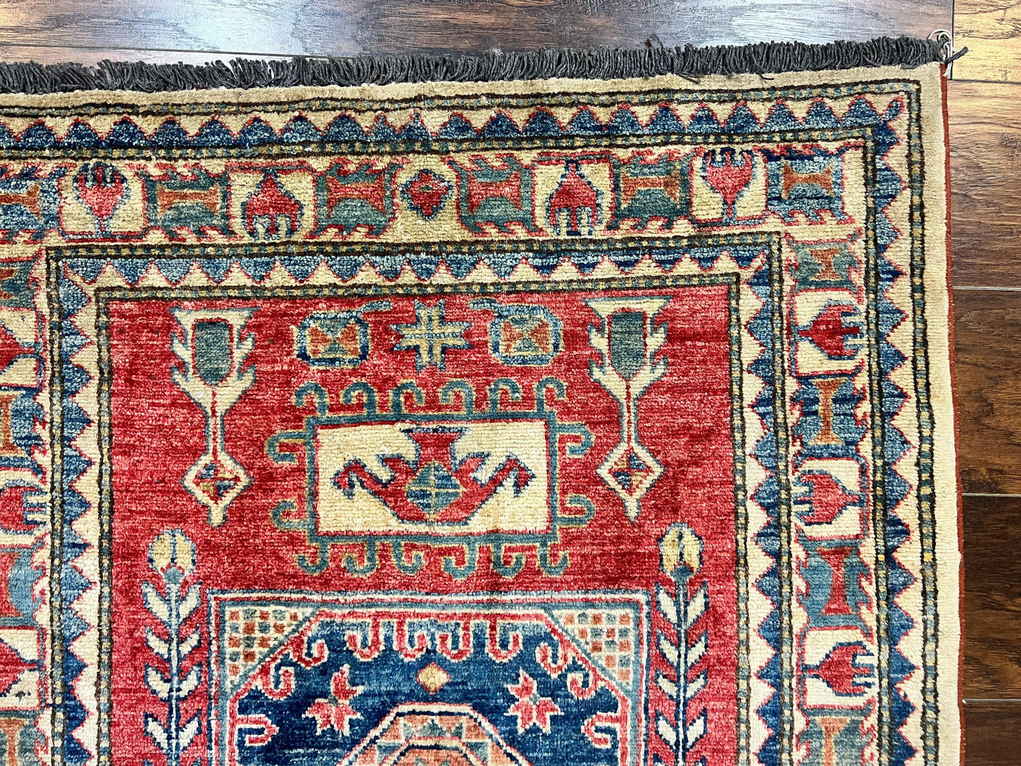 Turkish Kazak Rug 3x4, Wool Hand Knotted Small Vintage Carpet, Red Navy Blue, 3 x 4 Oriental Rug, Geometric Design