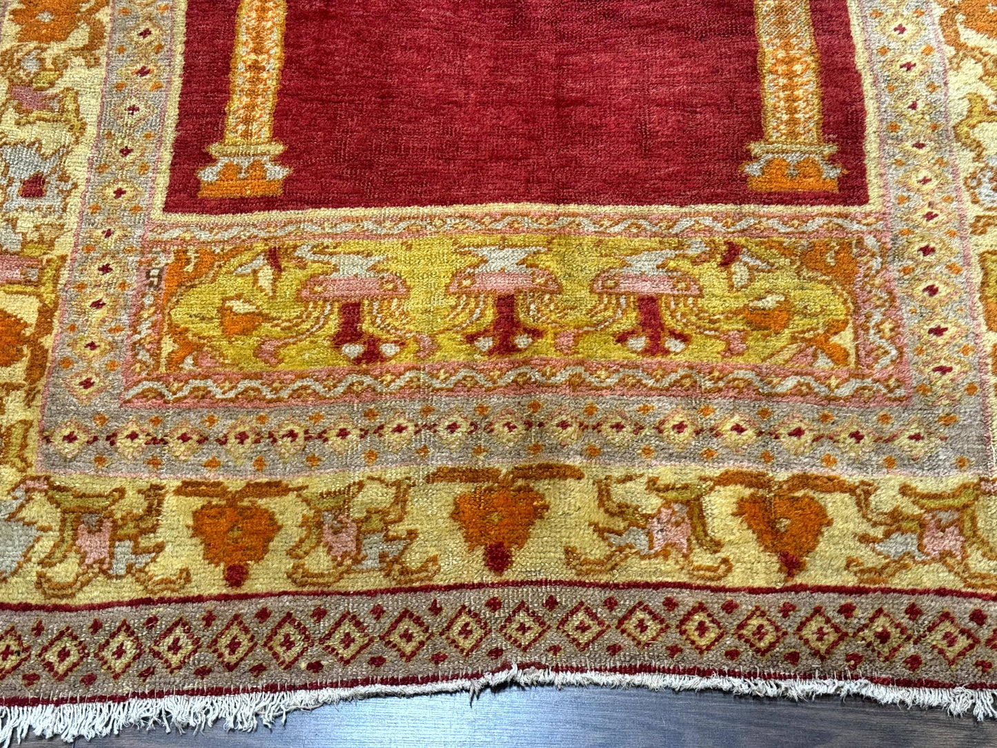 Antique Turkish Prayer Rug 4x6, Red and Golden Mustard, Mihrab Design, Anatolian Carpet