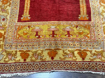 Antique Turkish Prayer Rug 4x6, Red and Golden Mustard, Mihrab Design, Anatolian Carpet