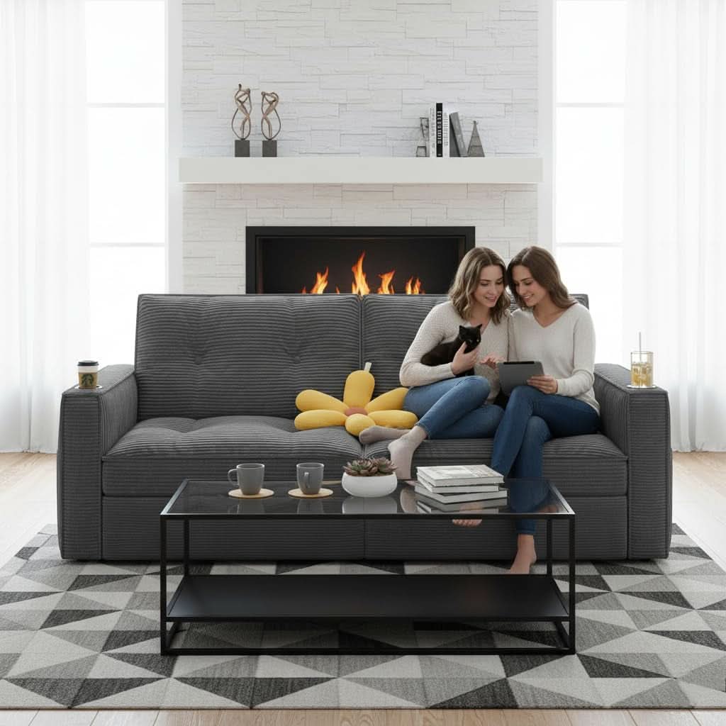 Gray Queen CorduroyTexture Transformable Sofa Bed USB