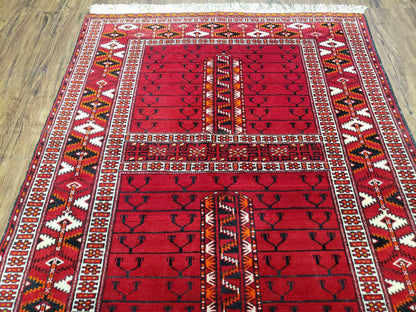Antique Persian Turkoman Rug 4x5, Hatchli Tekkeh Ersari Red Tribal Rug, Handmade Wool Oriental Carpet, Four Seasons Rug