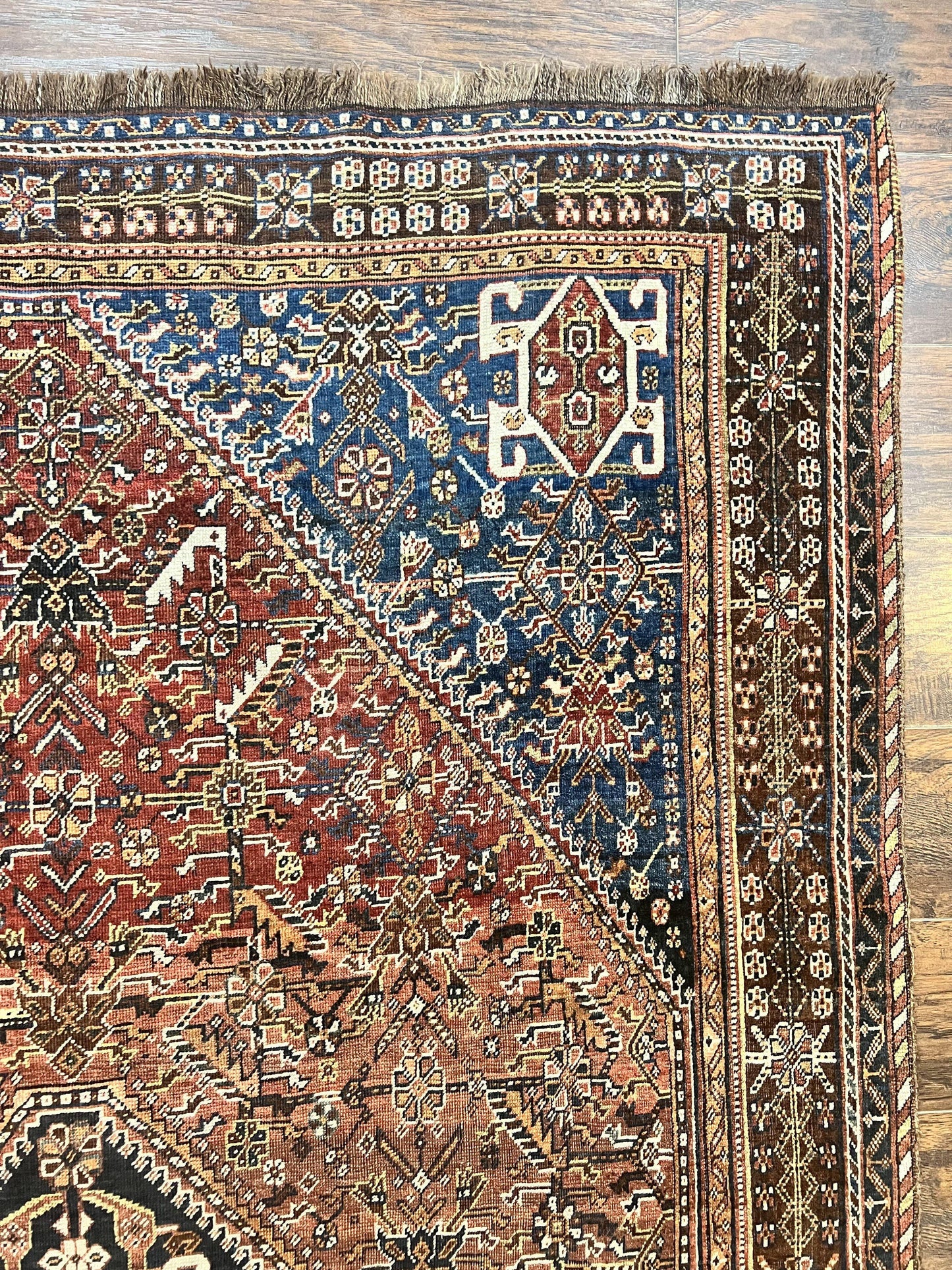 Antique Persian Shiraz Tribal Rug 6x8, Geometric Rug, Wool Handmade Hand Knotted Carpet, Red Blue