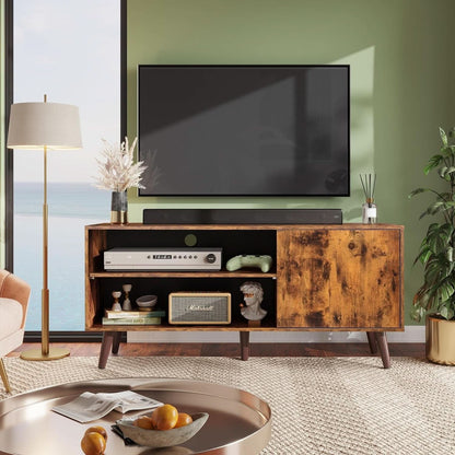 Mid Century TV Stand for 55 Inch TV Brown Wood Entertainment Center With Storage