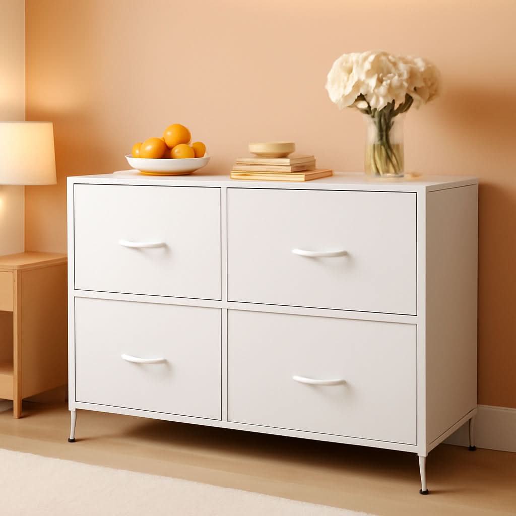 White TexturedFabric Dresser With Five Deep Drawers