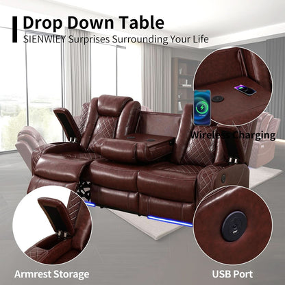 Power Reclining Brown Leather Sofa Set For Living Room