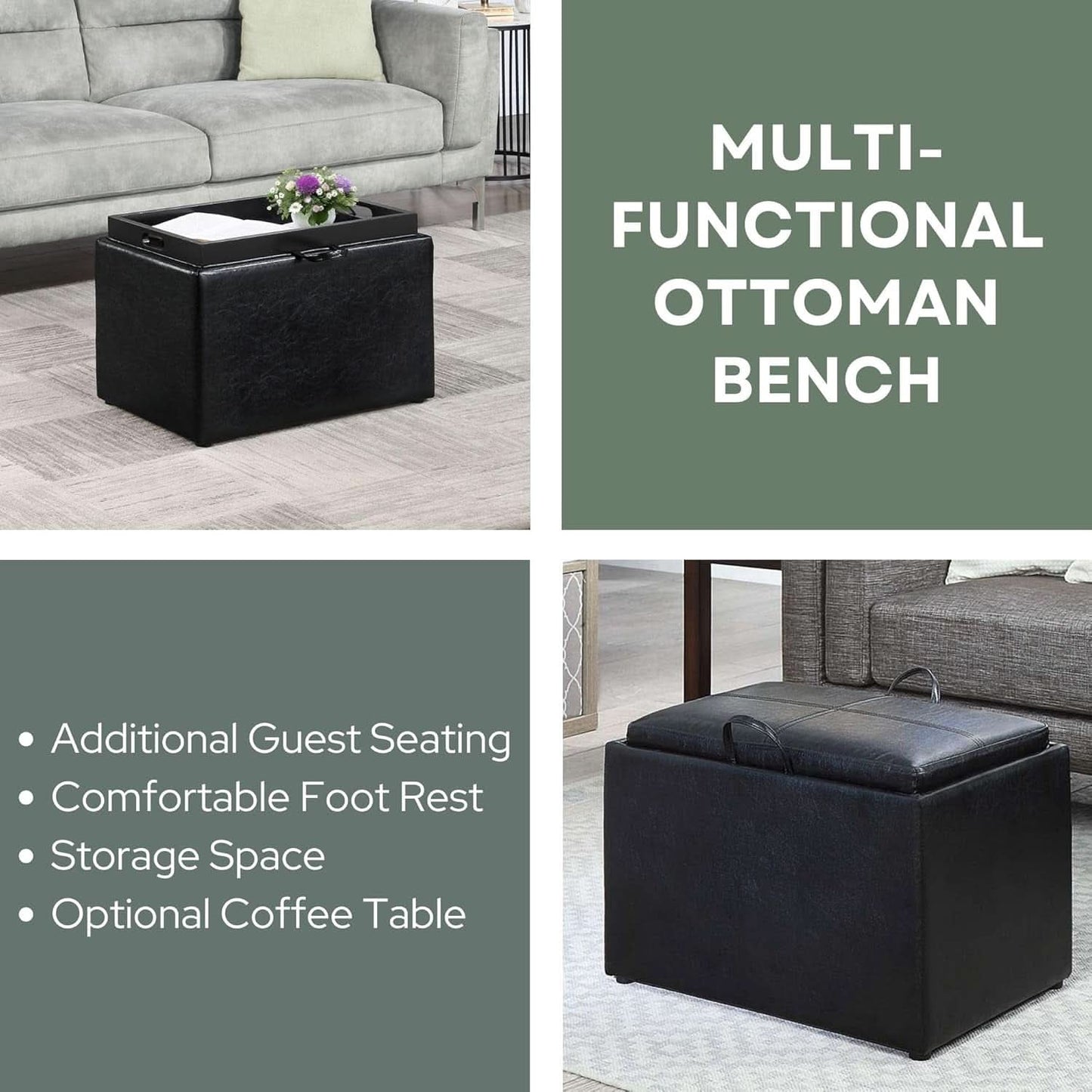 Accent Storage Ottoman 22 Point 75 Inches Charcoal Jet Black