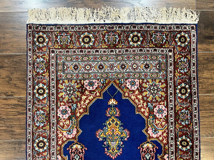 Indo Persian Prayer Rug 3x5, Fine Oriental Carpet, Dark Blue and Red, Vintage Hand Knotted Handmade Prayer Rug