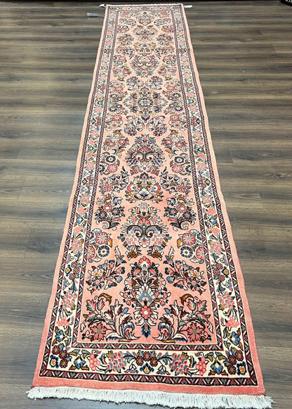 Persian Runner Rug 2.9 x 13.6, Semi Antique Vintage Persian Sarouk Hallway Rug, Wool Oriental Runner, Salmon and Cream, Floral Allover Hand Knotted