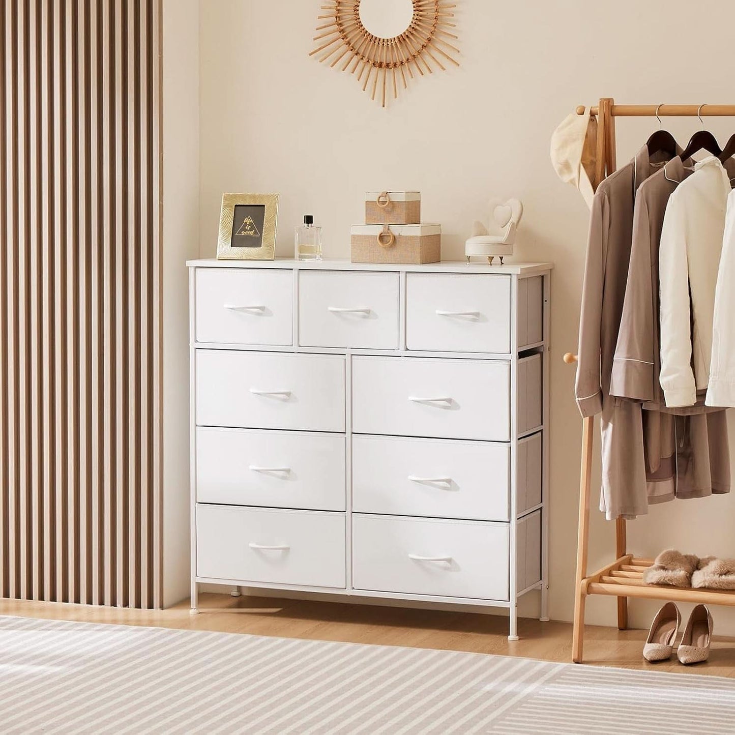 Sturdy Nine Drawer Dresser With Wood Top And Steel Frame