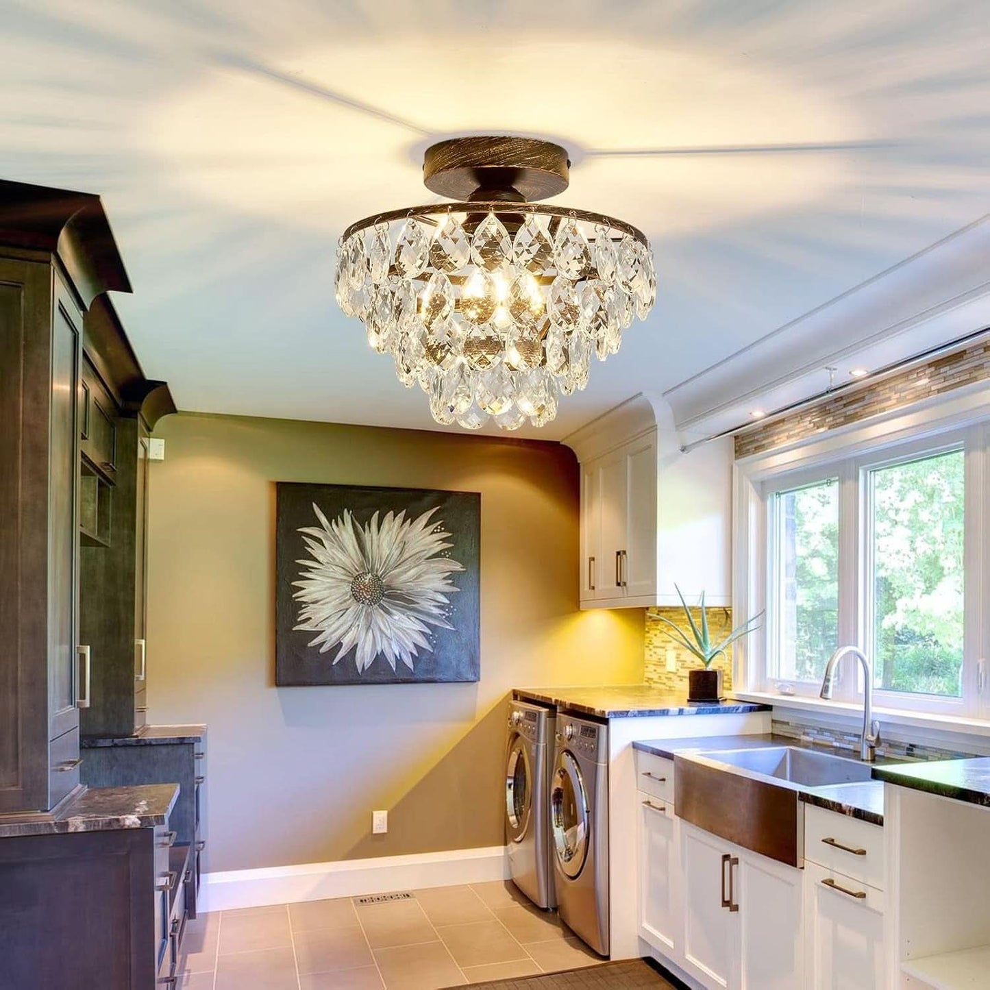 Small Bronze Modern Crystal Chandelier Semi Flush Hallway Light