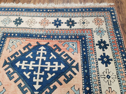 Turkish Kazak Rug 5x8 ft, Bold Geometric Bohemian Carpet, Blue and Ivory Hand Knotted Area Rug, Medium Sized High Quality Wool Oriental Rug