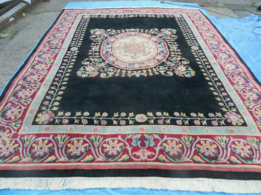 9' X 12' Decorative Chinese Aubusson Hand Knotted Pile Wool Rug Black Nice
