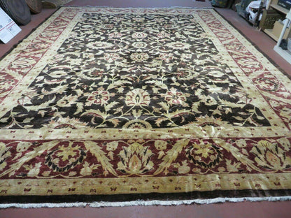 11' X 15' Vintage Hand Knotted Indian Agra Wool Rug Hand Made Dark Brown Floral
