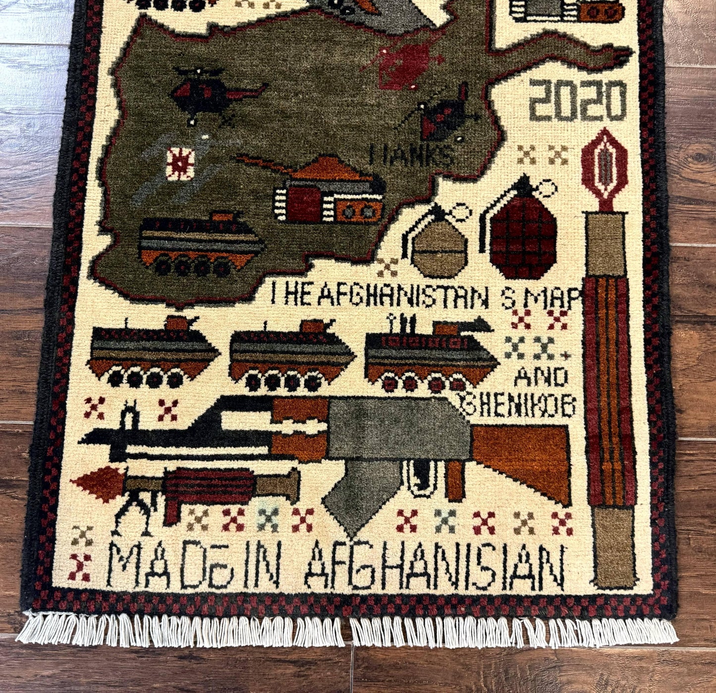 Afghan War Rug, Tanks Helicopters Guns